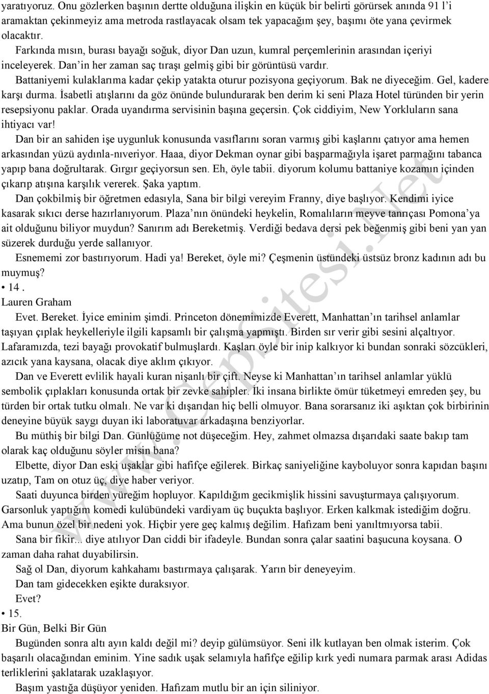 Farkında mısın, burası bayağı soğuk, diyor Dan uzun, kumral perçemlerinin arasından içeriyi inceleyerek. Dan in her zaman saç tıraşı gelmiş gibi bir görüntüsü vardır.