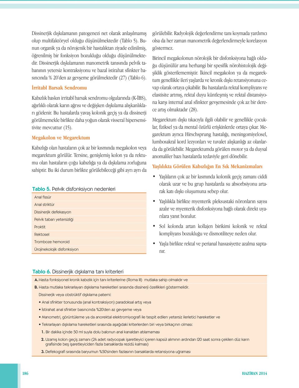 Dissinerjik dışkılamanın manometrik tanısında pelvik tabanının yetersiz kontraksiyonu ve bazal istirahat sfinkter basıncında % 20 den az gevşeme görülmektedir (27) (Tablo 6).