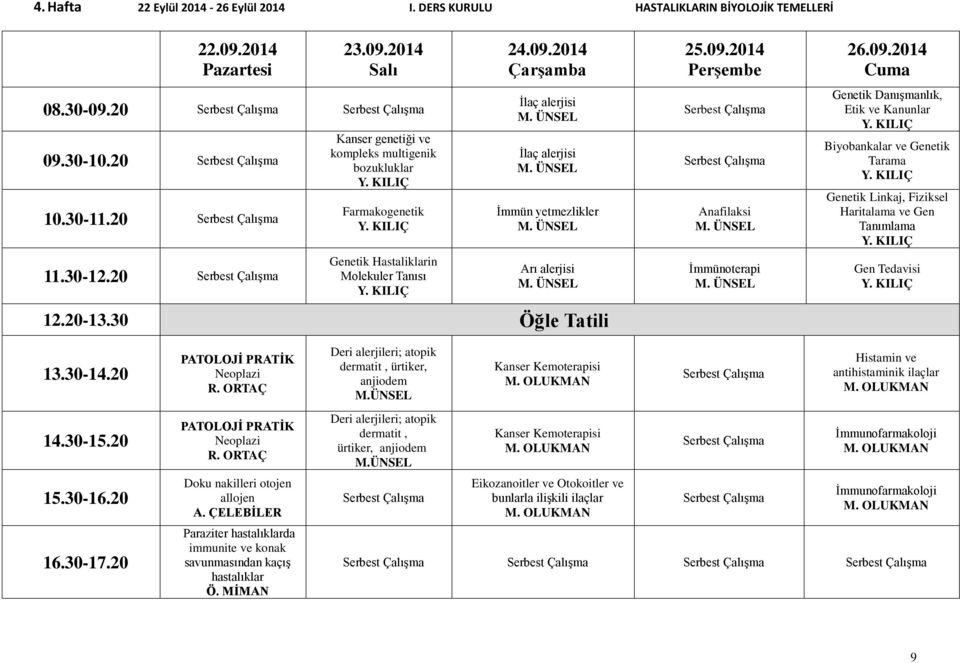 ÜNSEL İmmünoterapi M. ÜNSEL 26.09.2014 Genetik Danışmanlık, Etik ve Kanunlar Y. KILIÇ Biyobankalar ve Genetik Tarama Y. KILIÇ Genetik Linkaj, Fiziksel Haritalama ve Gen Tanımlama Y.