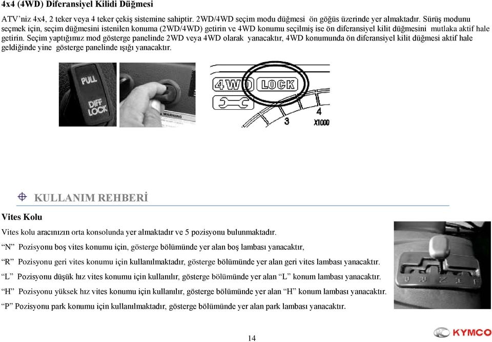 Seçim yaptığımız mod gösterge panelinde 2WD veya 4WD olarak yanacaktır, 4WD konumunda ön diferansiyel kilit düğmesi aktif hale geldiğinde yine gösterge panelinde ışığı yanacaktır.