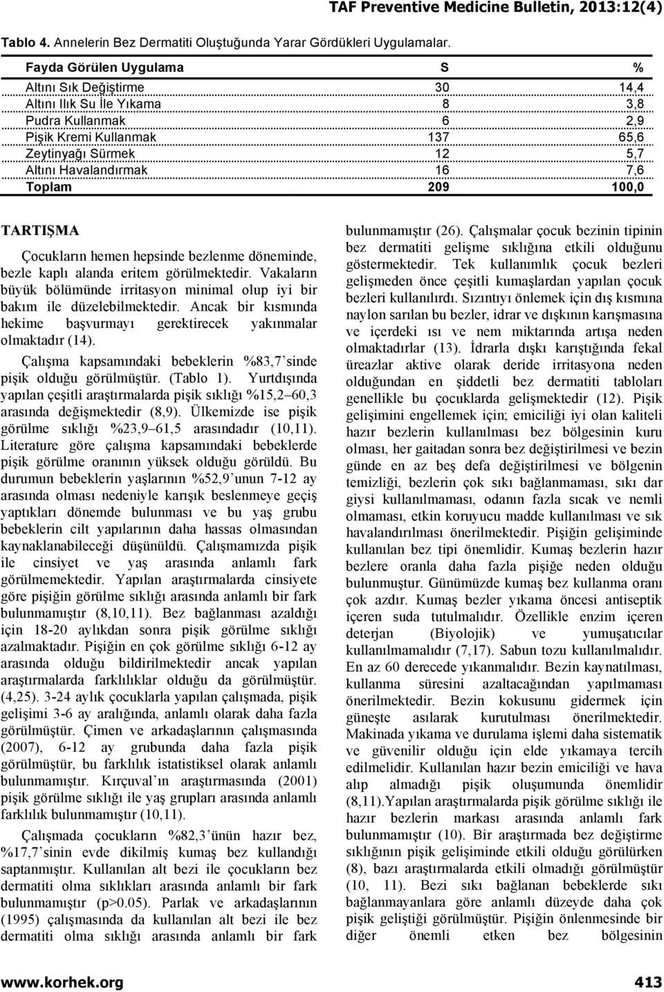 Sürmek 12 5,7 Altını Havalandırmak 16 7,6 Toplam 209 100,0 TARTIŞMA Çocukların hemen hepsinde bezlenme döneminde, bezle kaplı alanda eritem görülmektedir.