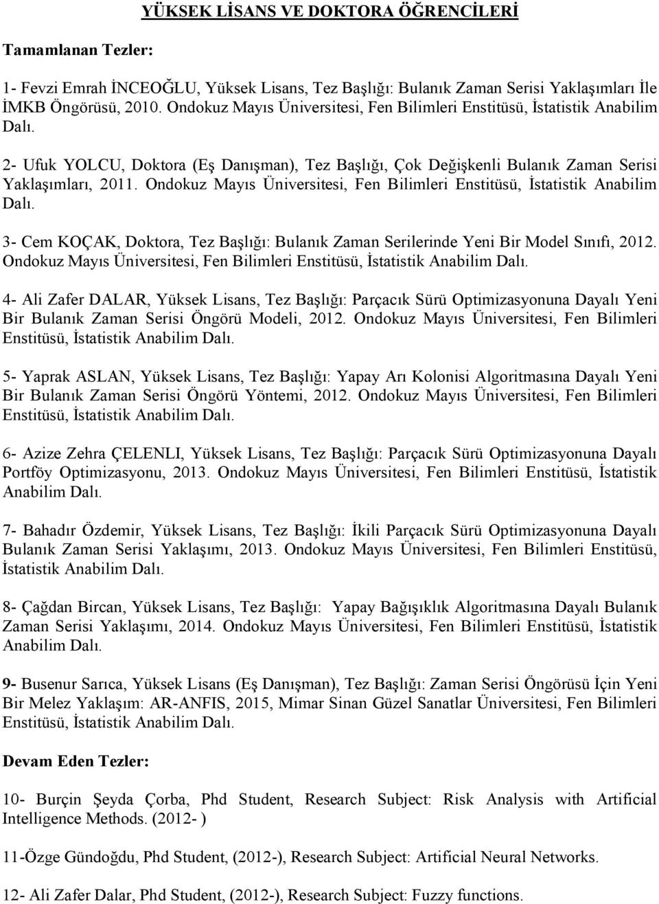 Ondokuz Mayıs Üniversitesi, Fen Bilimleri Enstitüsü, İstatistik Anabilim Dalı. 3- Cem KOÇAK, Doktora, Tez Başlığı: Bulanık Zaman Serilerinde Yeni Bir Model Sınıfı, 2012.