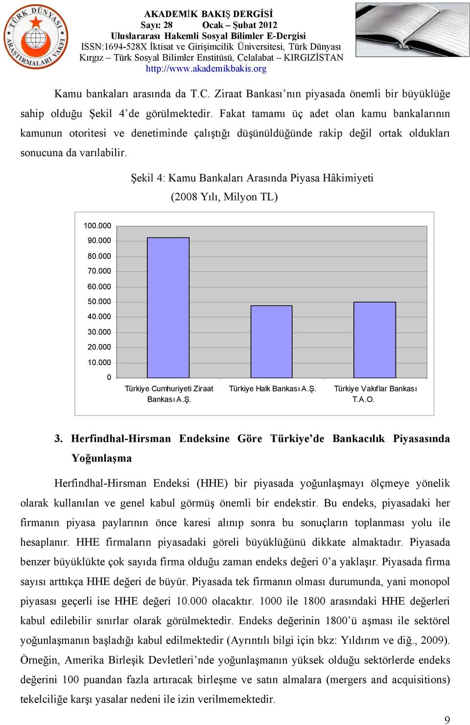 Şekil 4: Kamu Bankaları Arasında Piyasa Hâkimiyeti (2008 Yılı, Milyon TL) 100.000 90.000 80.000 70.000 60.000 50.000 40.000 30.000 20.000 10.000 0 Türkiye Cumhuriyeti Ziraat Bankası A.Ş. Türkiye Halk Bankası A.