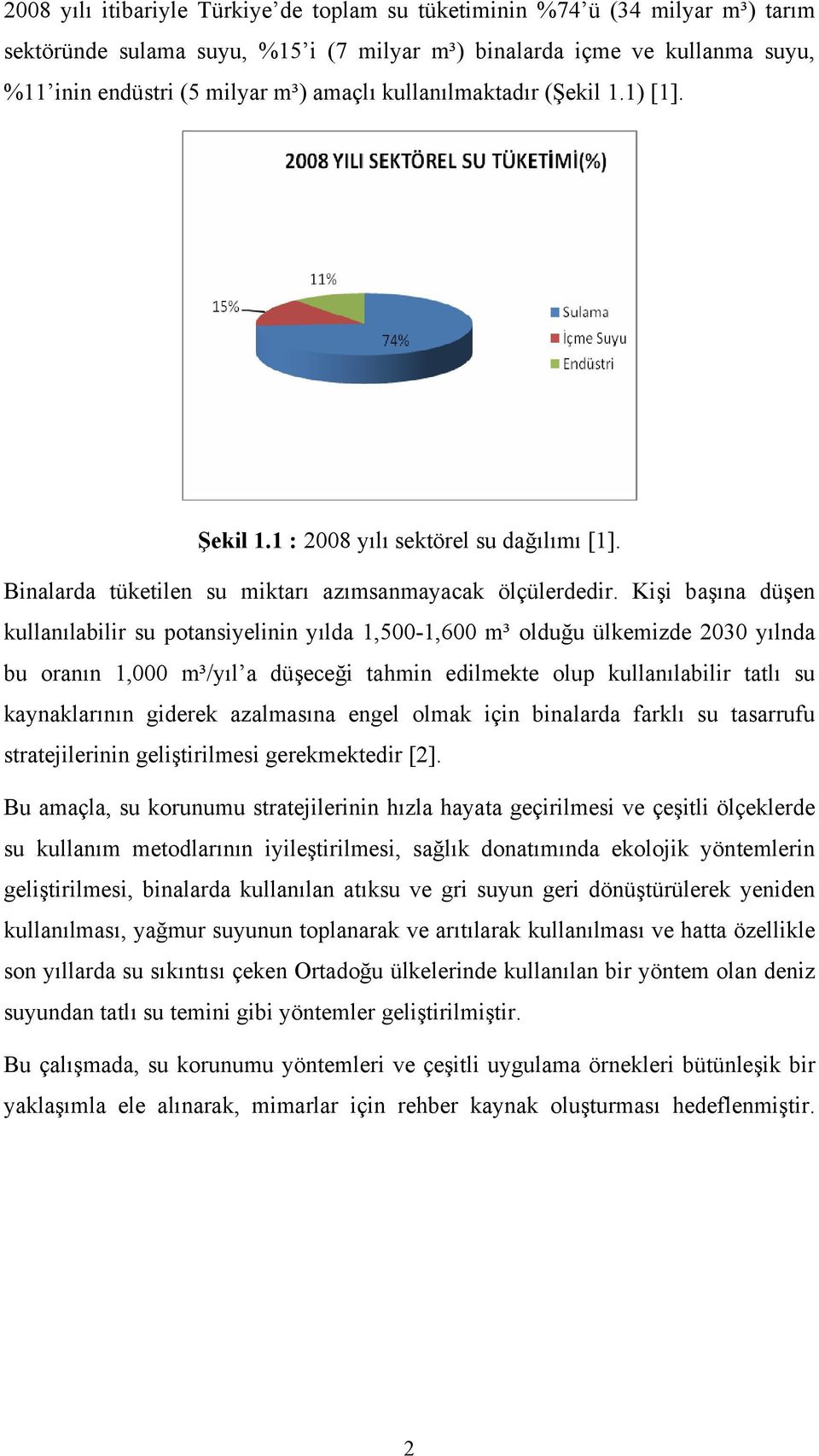 Kişi başına düşen kullanılabilir su potansiyelinin yılda 1,500-1,600 m³ olduğu ülkemizde 2030 yılnda bu oranın 1,000 m³/yıl a düşeceği tahmin edilmekte olup kullanılabilir tatlı su kaynaklarının