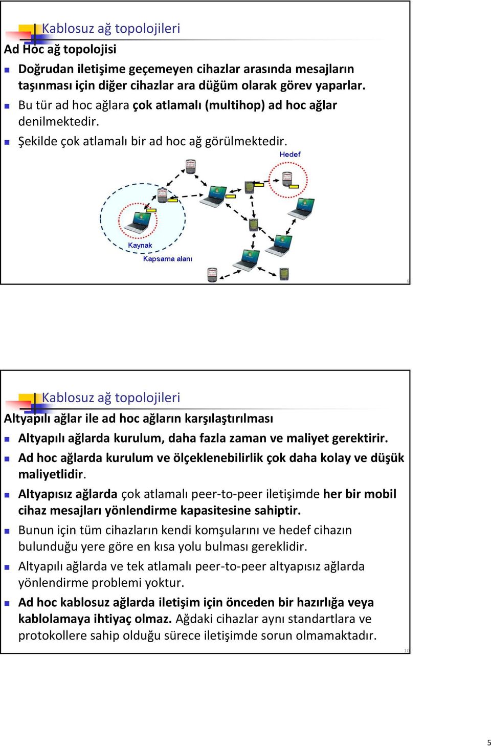 9 Kablosuz ağ topolojileri Altyapılı ağlar ile ad hoc ağların karşılaştırılması Altyapılı ağlarda kurulum, daha fazla zaman ve maliyet gerektirir.
