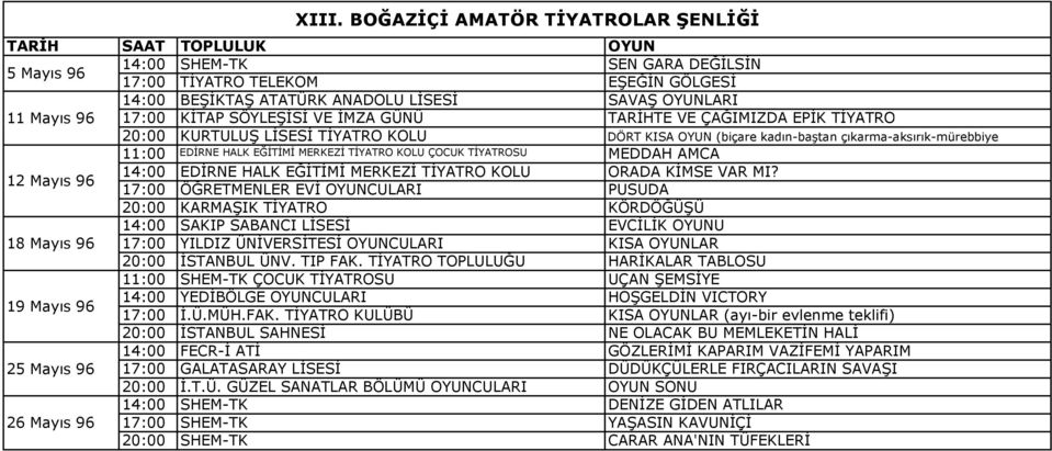 EDİRNE HALK EĞİTİMİ MERKEZİ TİYATRO KOLU ÖĞRETMENLER EVİ CULARI KARMAŞIK TİYATRO SAKIP SABANCI LİSESİ YILDIZ ÜNİVERSİTESİ CULARI İSTANBUL ÜNV. TIP FAK.