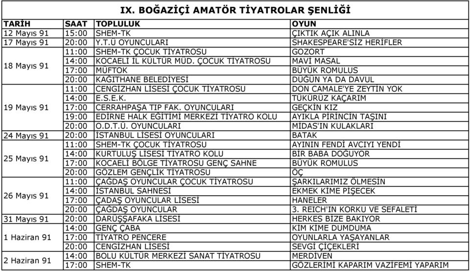 ÇOCUK TİYATROSU MAVİ MASAL MÜFTOK BÜYÜK ROMULUS KAĞITHANE BELEDİYESİ DÜĞÜN YA DA DAVUL CENGİZHAN LİSESİ ÇOCUK TİYATROSU DON CAMALE'YE ZEYTİN YOK E.S.E.K. TÜKÜRÜZ KAÇARIM CERRAHPAŞA TIP FAK.