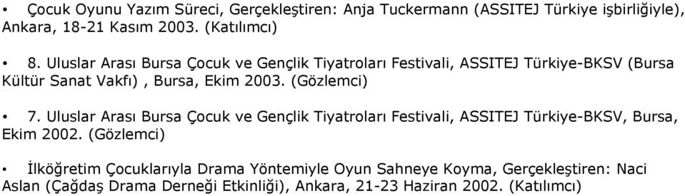 (Gözlemci) 7. Uluslar Arası Bursa Çocuk ve Gençlik Tiyatroları Festivali, ASSITEJ Türkiye-BKSV, Bursa, Ekim 2002.