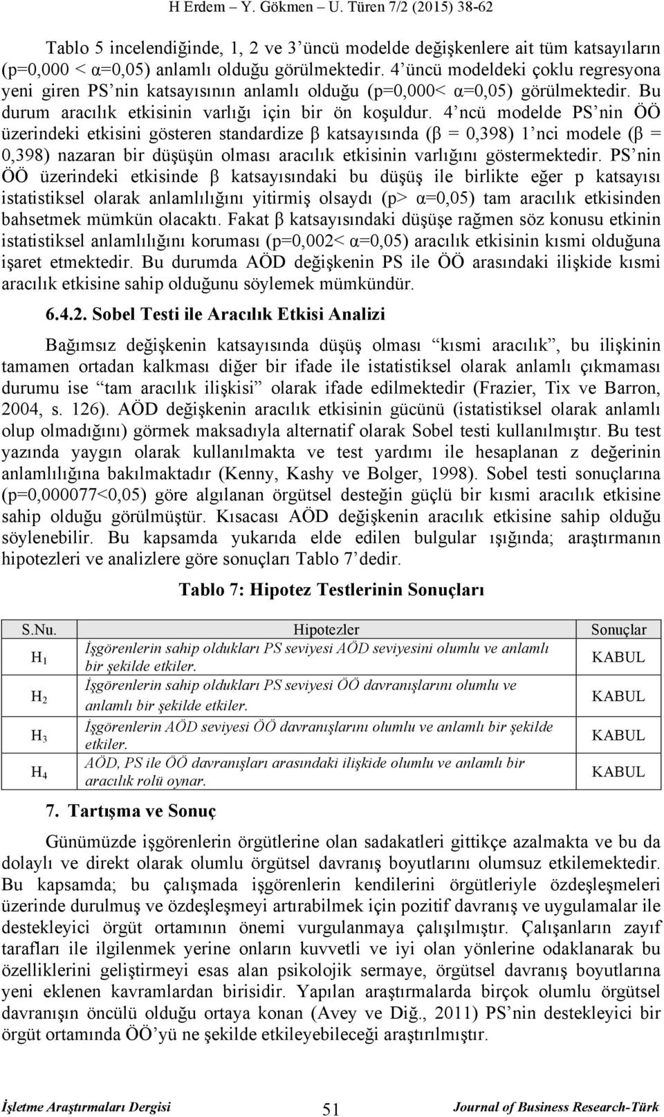 4 ncü modelde PS nin ÖÖ üzerindeki etkisini gösteren standardize β katsayısında (β = 0,398) 1 nci modele (β = 0,398) nazaran bir düşüşün olması aracılık etkisinin varlığını göstermektedir.