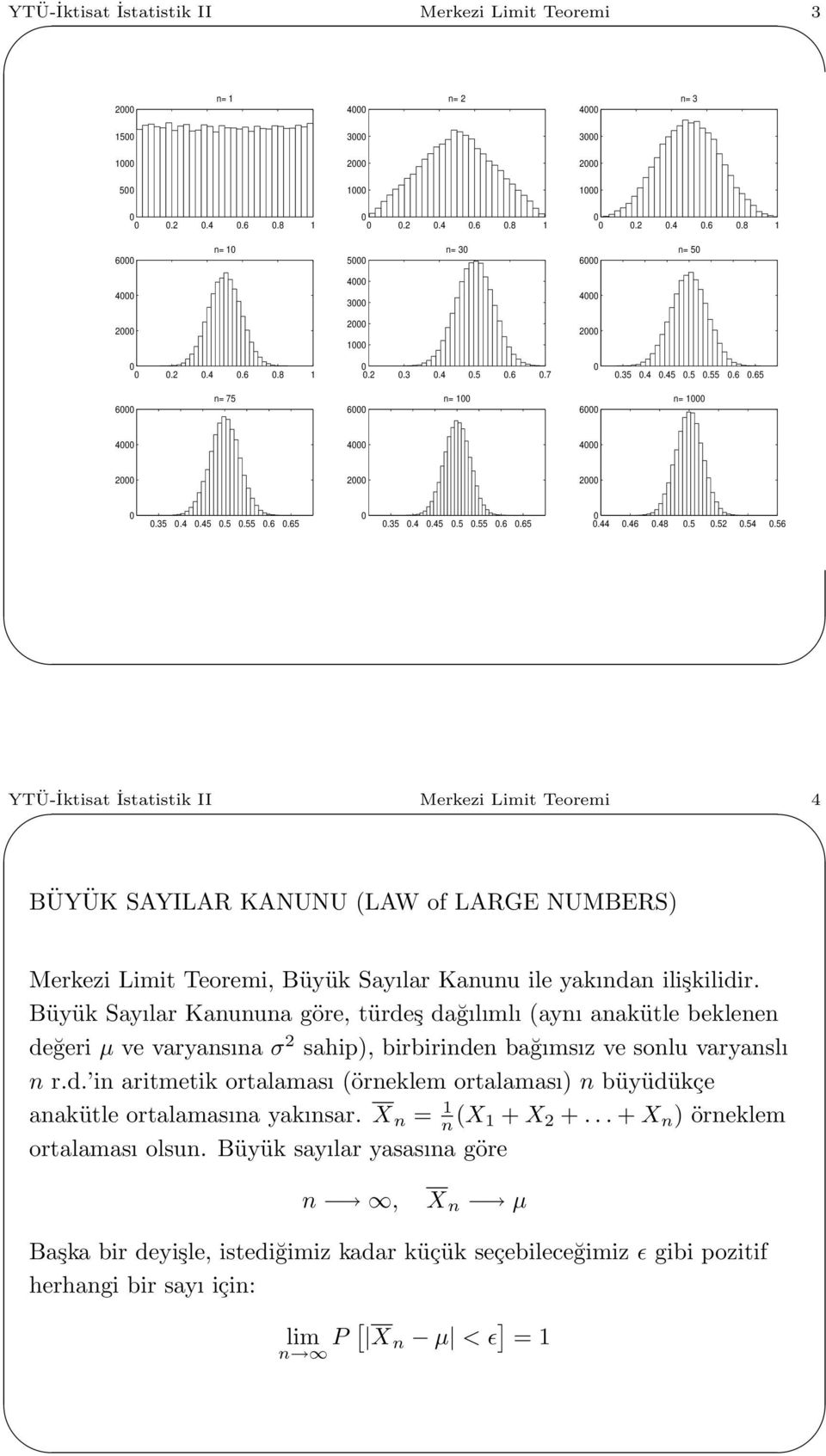 56 YTÜ-İktisat İstatistik II Merkezi Limit Teoremi 4 BÜYÜK SAYILAR KANUNU LAW of LARGE NUMBERS Merkezi Limit Teoremi, Büyük Sayılar Kanunu ile yakından ilişkilidir.