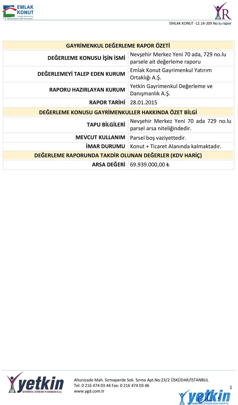 RAPORU HAZIRLAYAN KURUM Yetkin Gayrimenkul Değerleme ve Danışmanlık A.Ş. RAPOR TARİHİ 28.01.