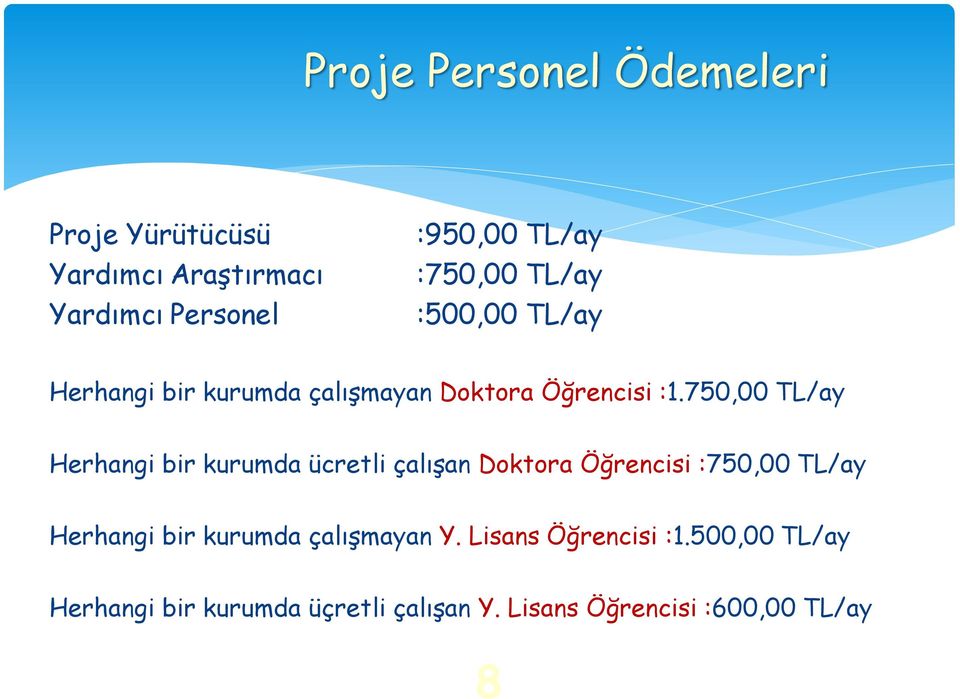 750,00 TL/ay Herhangi bir kurumda ücretli çalışan Doktora Öğrencisi :750,00 TL/ay Herhangi bir