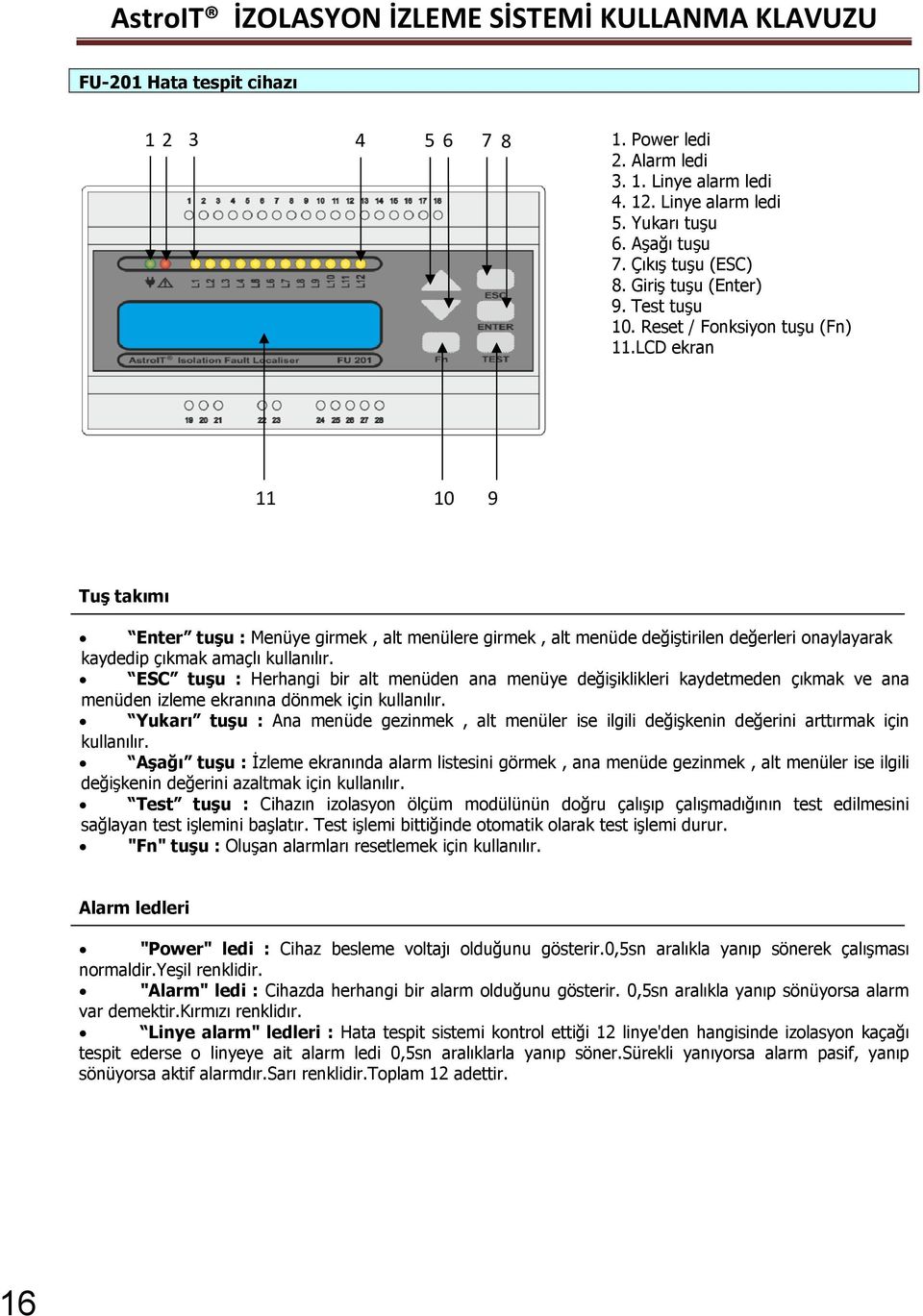 LCD ekran 11 10 9 Tuş takımı Enter tuşu : Menüye girmek, alt menülere girmek, alt menüde değiştirilen değerleri onaylayarak kaydedip çıkmak amaçlı kullanılır.