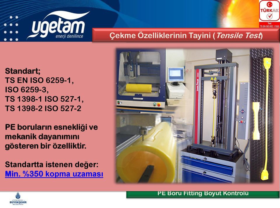 %350 kopma uzaması PE Boru-Fitting Sabit Sıcaklık Altında İç Basınca Mukavemetin Tayini Ayrılma Mukavemeti Deneyi Sıkıştırarak Ayırma ve Yırtılma Testi Oksidasyon İndüksiyon Süresinin Tayini-OIT