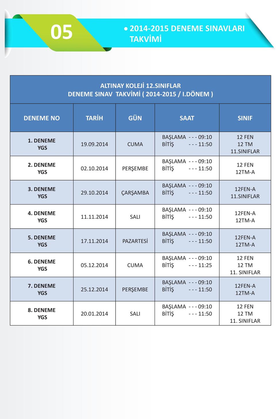 SINIFLAR 4. DENEME YGS 11.11.2014 SALI 12FEN-A 12TM-A 5. DENEME YGS 17.11.2014 PAZARTESİ 12FEN-A 12TM-A 6. DENEME YGS 05.12.2014 CUMA BİTİŞ - - - 11:25 12 FEN 12 TM 11.