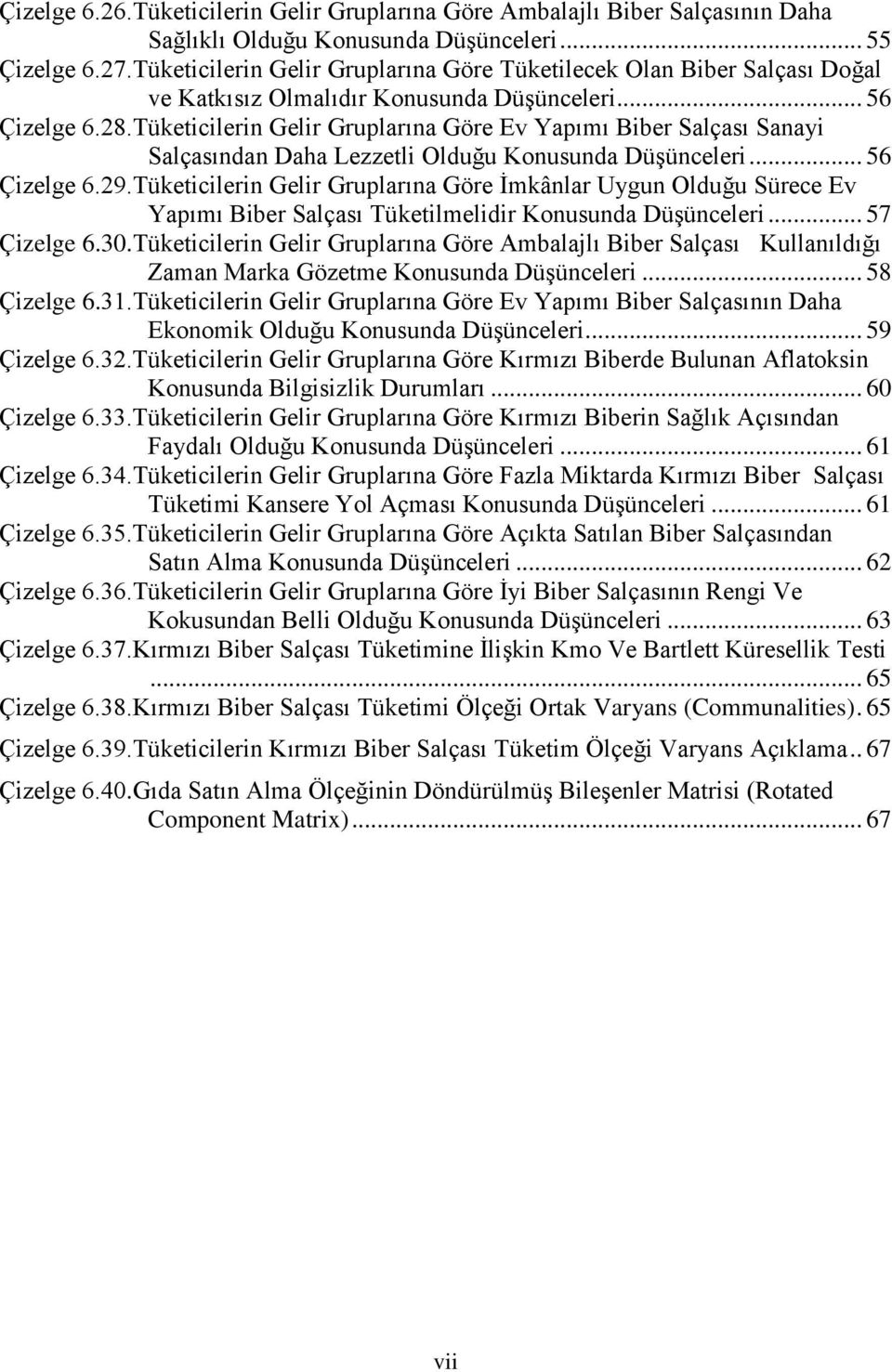 Tüketicilerin Gelir Gruplarına Göre Ev Yapımı Biber Salçası Sanayi Salçasından Daha Lezzetli Olduğu Konusunda Düşünceleri... 56 Çizelge 6.29.