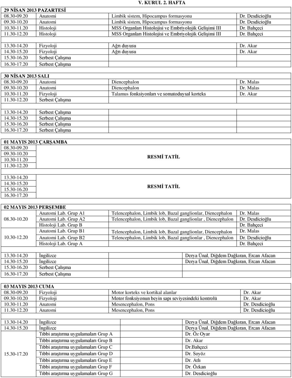 20 Fizyoloji Ağrı duyusu 30 NİSAN 2013 SALI 08.30-09.20 Anatomi Diencephalon Dr. Malas 09.30-10.20 Anatomi Diencephalon Dr. Malas 10.30-11.