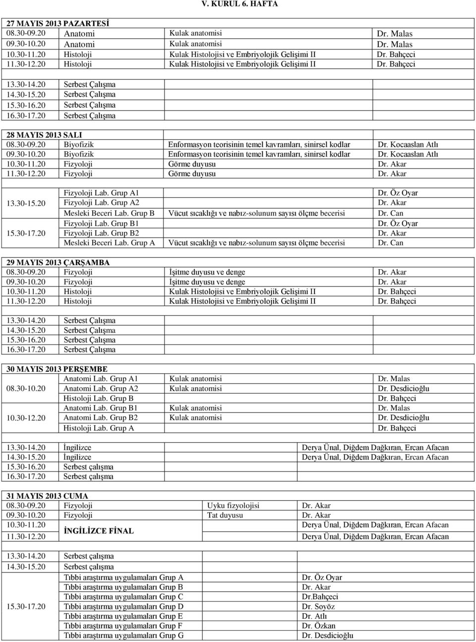 20 Serbest Çalışma 28 MAYIS 2013 SALI 08.30-09.20 Biyofizik Enformasyon teorisinin temel kavramları, sinirsel kodlar Dr. Kocaaslan Atlı 09.30-10.