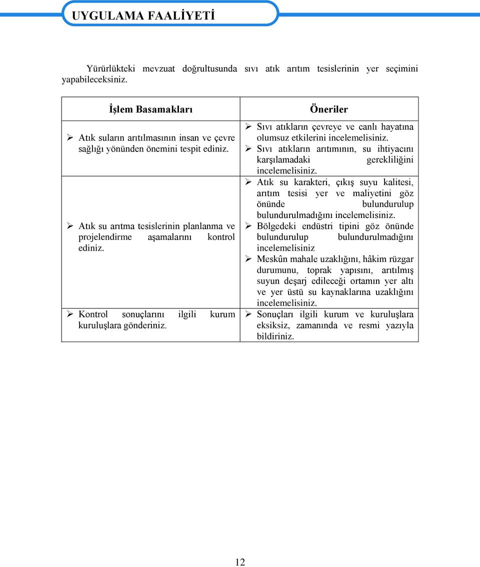 Kontrol sonuçlarını ilgili kurum kuruluģlara gönderiniz. Öneriler Sıvı atıkların çevreye ve canlı hayatına olumsuz etkilerini incelemelisiniz.