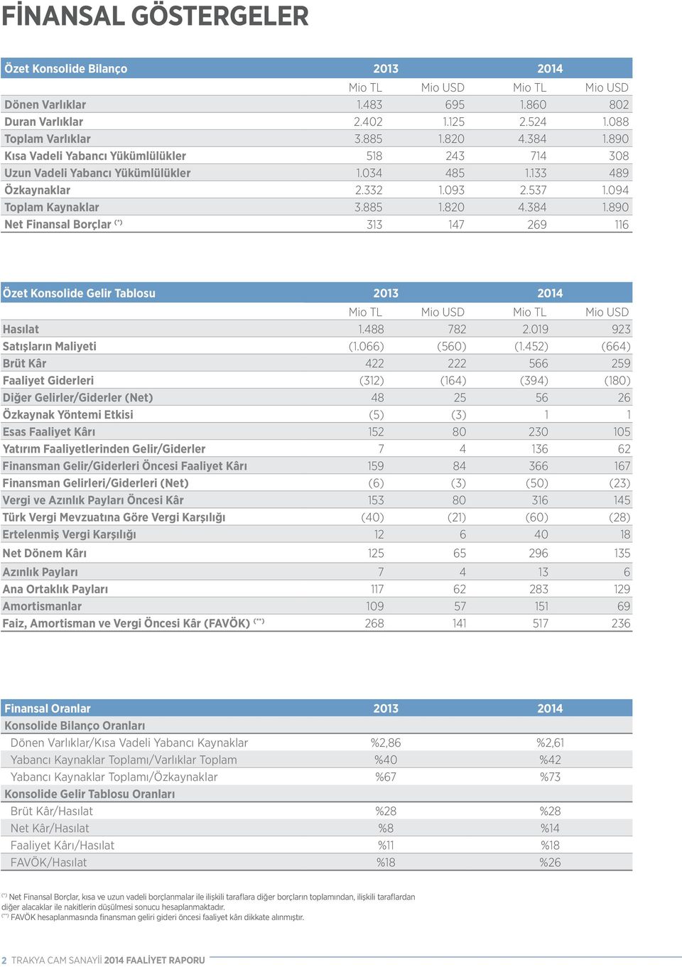 890 Net Finansal Borçlar (*) 313 147 269 116 Özet Konsolide Gelir Tablosu Mio TL Mio USD Mio TL Mio USD Hasılat 1.488 782 2.019 923 Satışların Maliyeti (1.066) (560) (1.