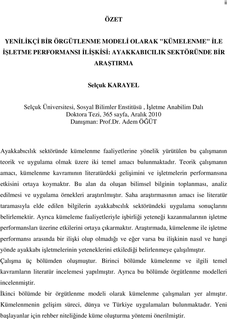 Adem ÖĞÜT Ayakkabıcılık sektöründe kümelenme faaliyetlerine yönelik yürütülen bu çalışmanın teorik ve uygulama olmak üzere iki temel amacı bulunmaktadır.