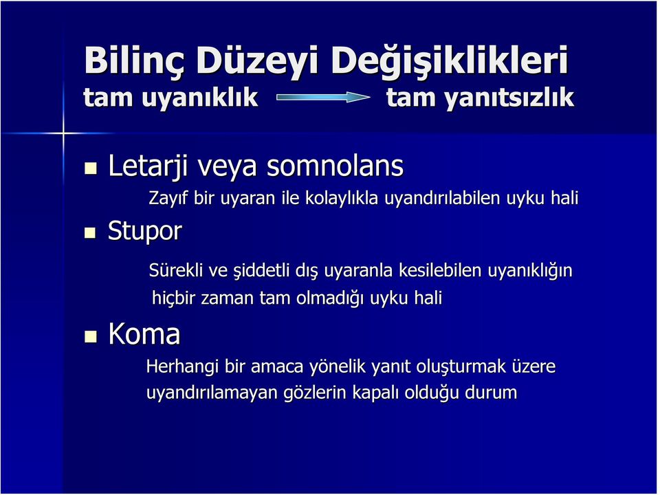 ve şiddetli dışd uyaranla kesilebilen uyanıkl klığın hiçbir zaman tam olmadığı uyku hali