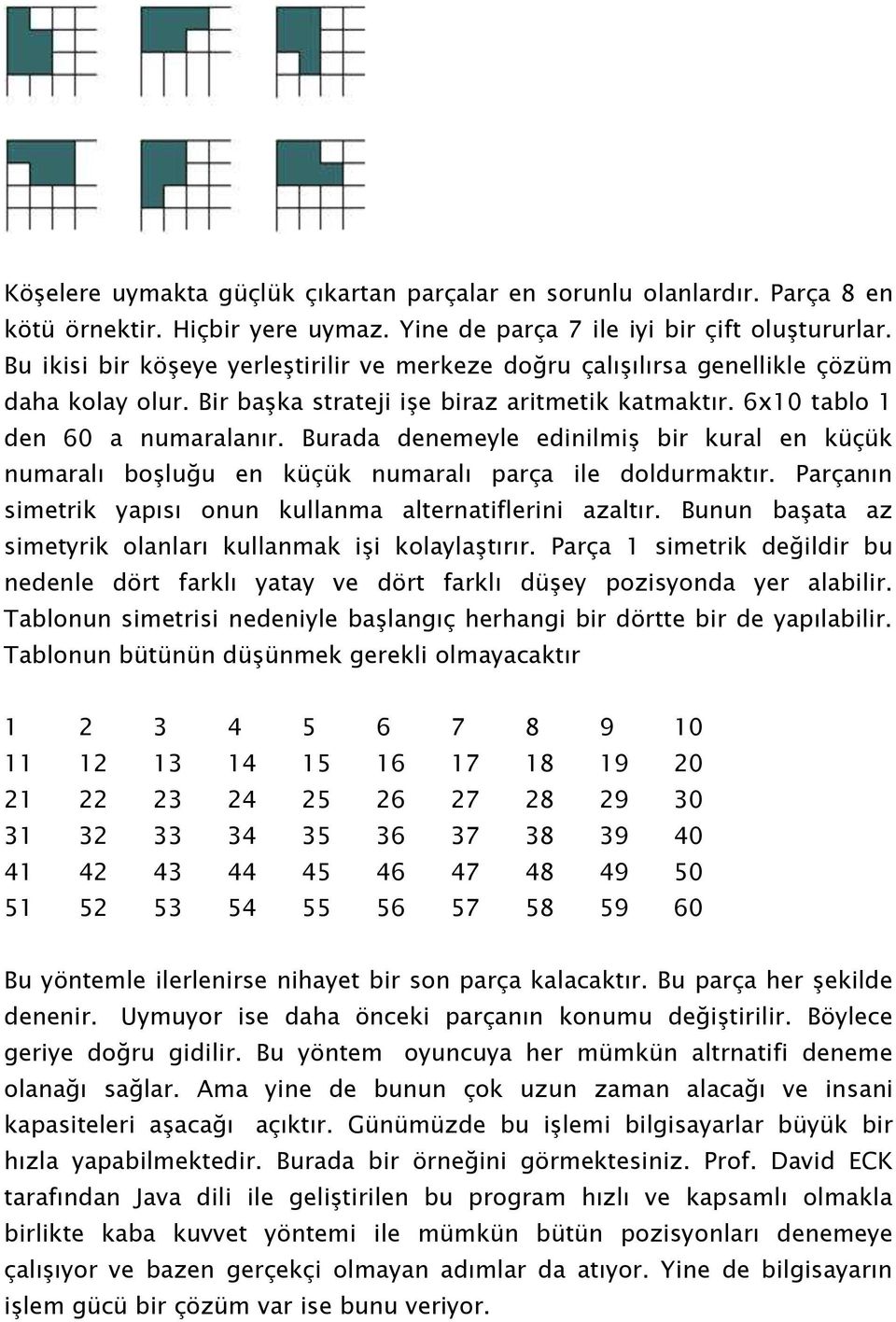 Burada denemeyle edinilmiş bir kural en küçük numaralı boşluğu en küçük numaralı parça ile doldurmaktır. Parçanın simetrik yapısı onun kullanma alternatiflerini azaltır.