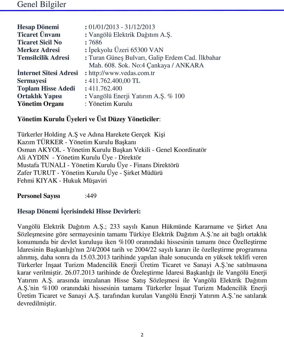 No:4 Çankaya / ANKARA İnternet Sitesi Adresi : http://www.vedas.com.tr Sermayesi : 411.762.400,00 TL Toplam Hisse Adedi : 411.762.400 Ortaklık Yapısı : Vangölü Enerji Yatırım A.Ş.