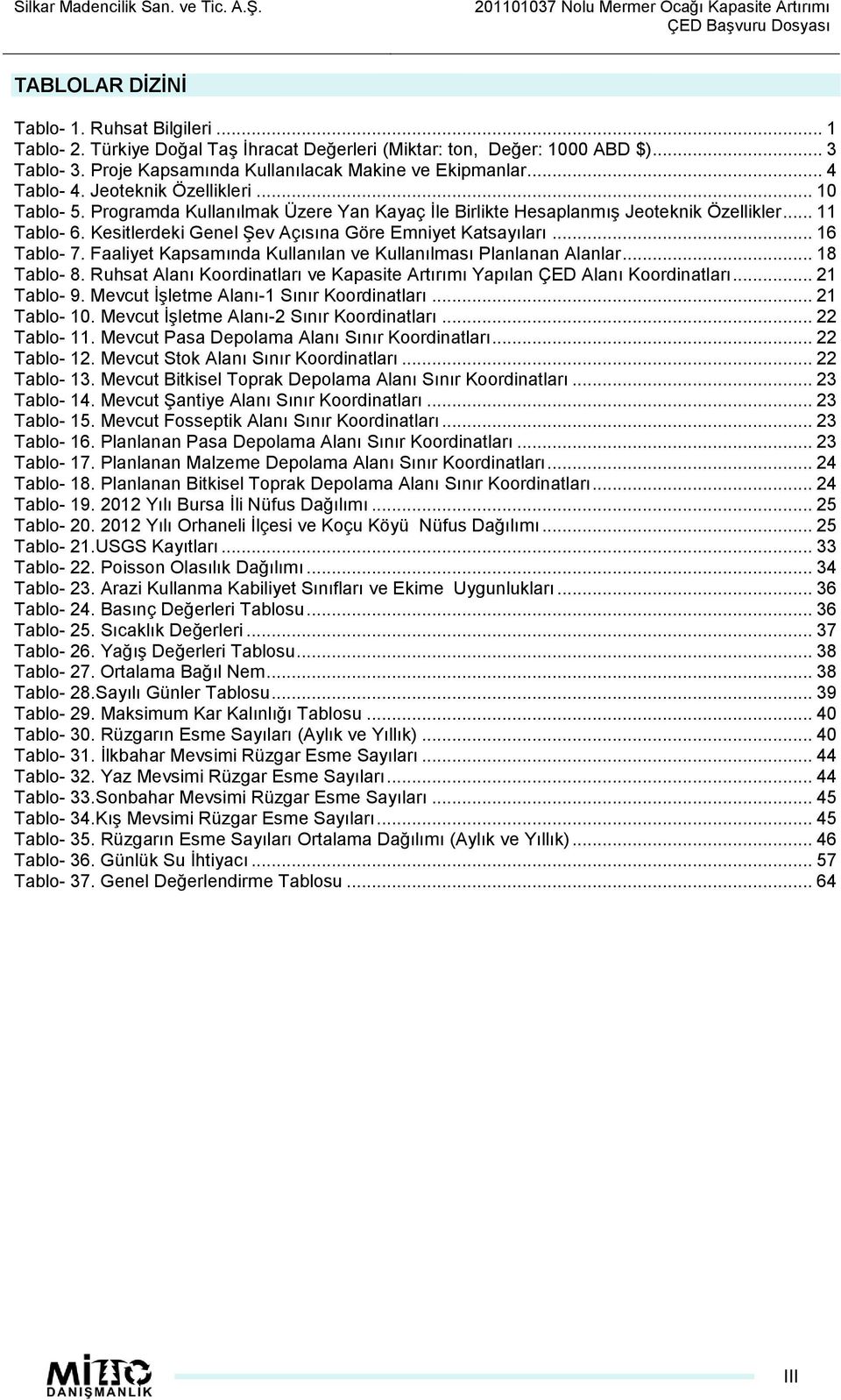 .. 11 Tablo- 6. Kesitlerdeki Genel ġev Açısına Göre Emniyet Katsayıları... 16 Tablo- 7. Faaliyet Kapsamında Kullanılan ve Kullanılması Planlanan Alanlar... 18 Tablo- 8.