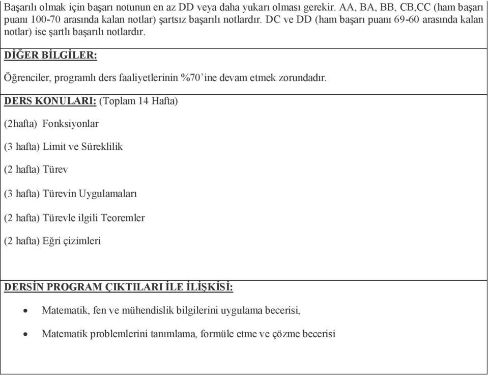 DERS KONULARI: (Toplam 14 Hafta) (2hafta) Fonksiyonlar (3 hafta) Limit ve Süreklilik (2 hafta) Türev (3 hafta) Türevin Uygulamaları (2 hafta) Türevle ilgili Teoremler (2 hafta)