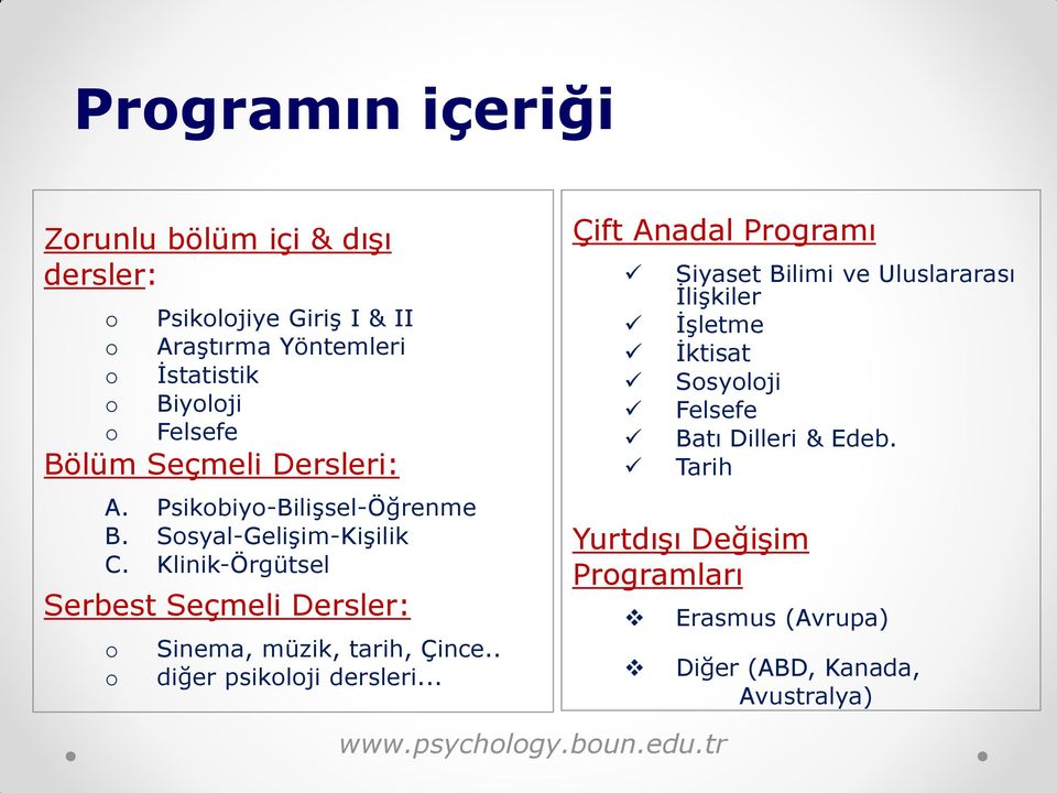 Klinik-Örgütsel Serbest Seçmeli Dersler: Sinema, müzik, tarih, Çince.. diğer psiklji dersleri.