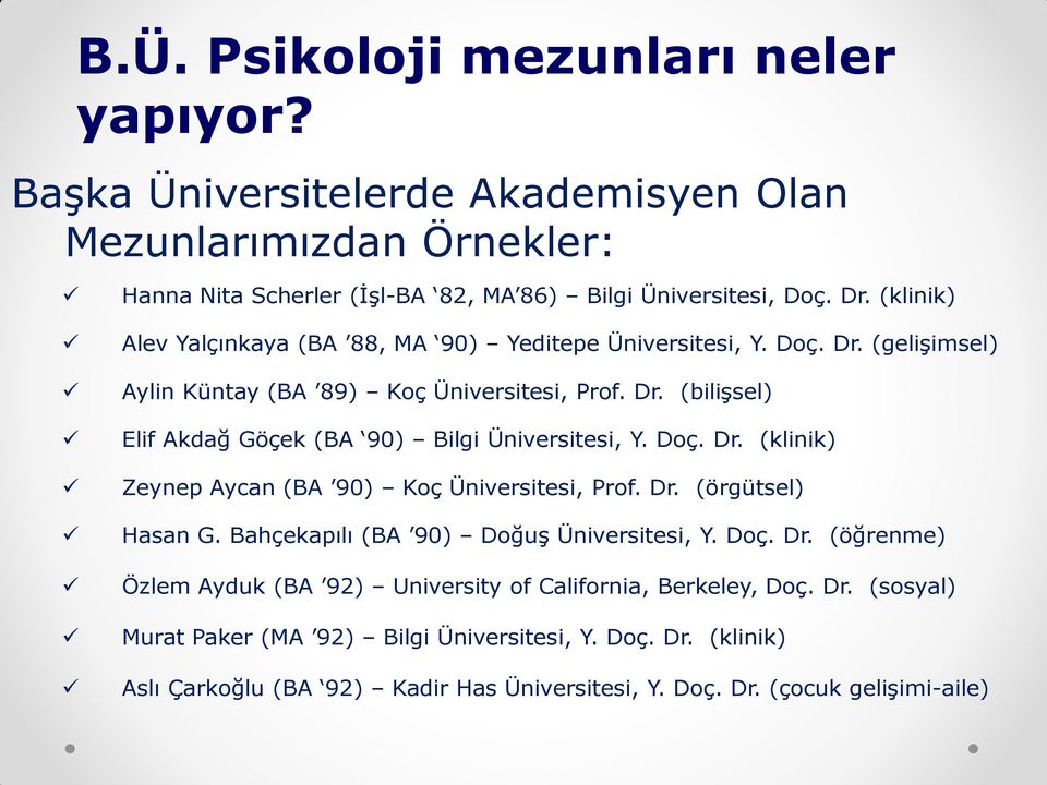 Dç. Dr. (klinik) Zeynep Aycan (BA 90) Kç Üniversitesi, Prf. Dr. (örgütsel) Hasan G. Bahçekapılı (BA 90) Dğuş Üniversitesi, Y. Dç. Dr. (öğrenme) Özlem Ayduk (BA 92) University f Califrnia, Berkeley, Dç.