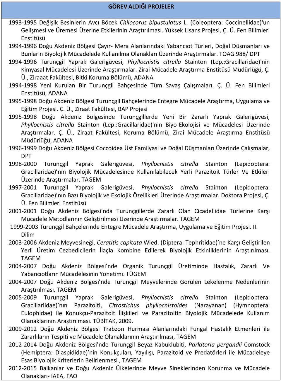 Fen Bilimleri Enstitüsü 1994-1996 Doğu Akdeniz Bölgesi Çayır- Mera Alanlarındaki Yabancıot Türleri, Doğal Düşmanları ve Bunların Biyolojik Mücadelede Kullanılma Olanakları Üzerinde Araştırmalar.