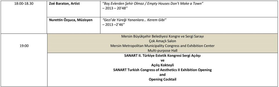Gezi de Yüreği Yananlara Kerem Gibi 2013 2 46 19:00 Mersin Büyükşehir Belediyesi Kongre ve Sergi Sarayı Çok Amaçlı