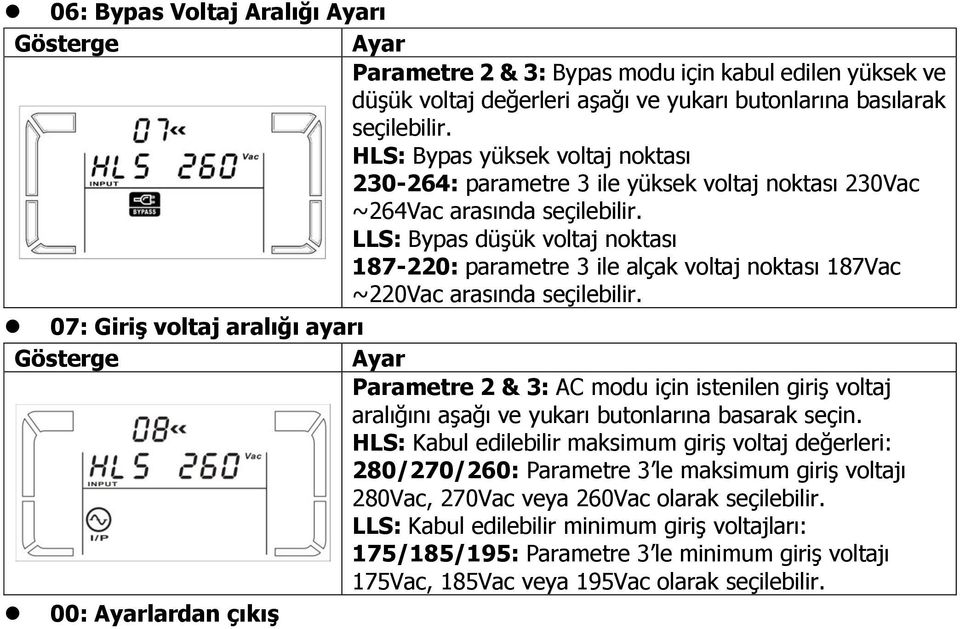 LLS: Bypas düģük voltaj noktası 187-220: parametre 3 ile alçak voltaj noktası 187Vac ~220Vac arasında seçilebilir.