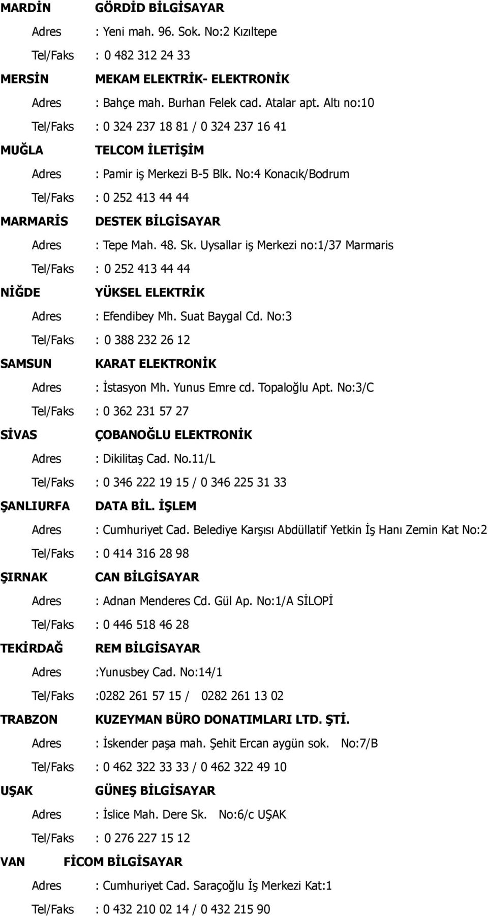 Uysallar iģ Merkezi no:1/37 Marmaris Tel/Faks : 0 252 413 44 44 NĠĞDE YÜKSEL ELEKTRĠK : Efendibey Mh. Suat Baygal Cd. No:3 Tel/Faks : 0 388 232 26 12 SAMSUN KARAT ELEKTRONĠK : Ġstasyon Mh.