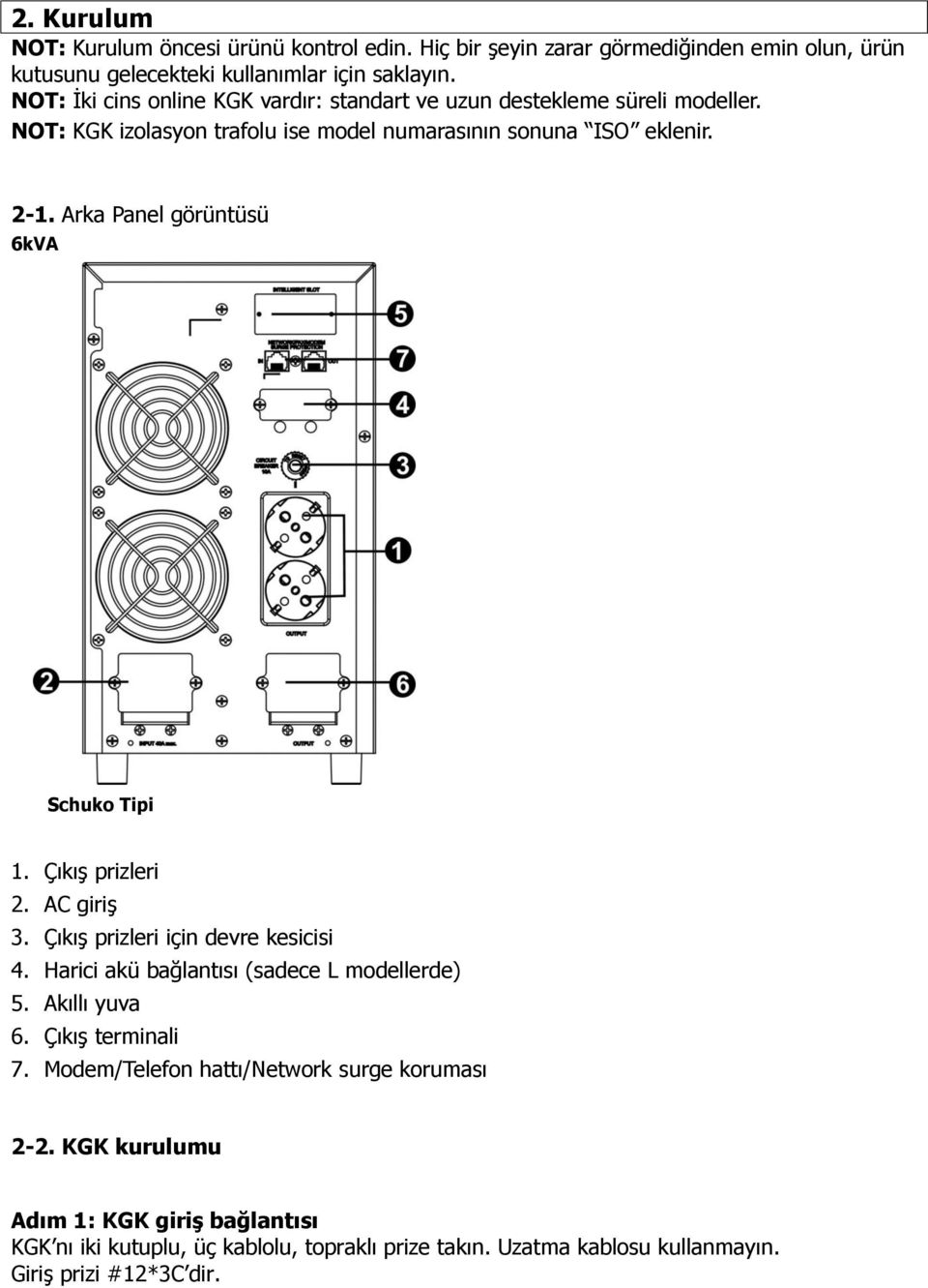 Arka Panel görüntüsü 6kVA Schuko Tipi 1. ÇıkıĢ prizleri 2. AC giriģ 3. ÇıkıĢ prizleri için devre kesicisi 4. Harici akü bağlantısı (sadece L modellerde) 5. Akıllı yuva 6.