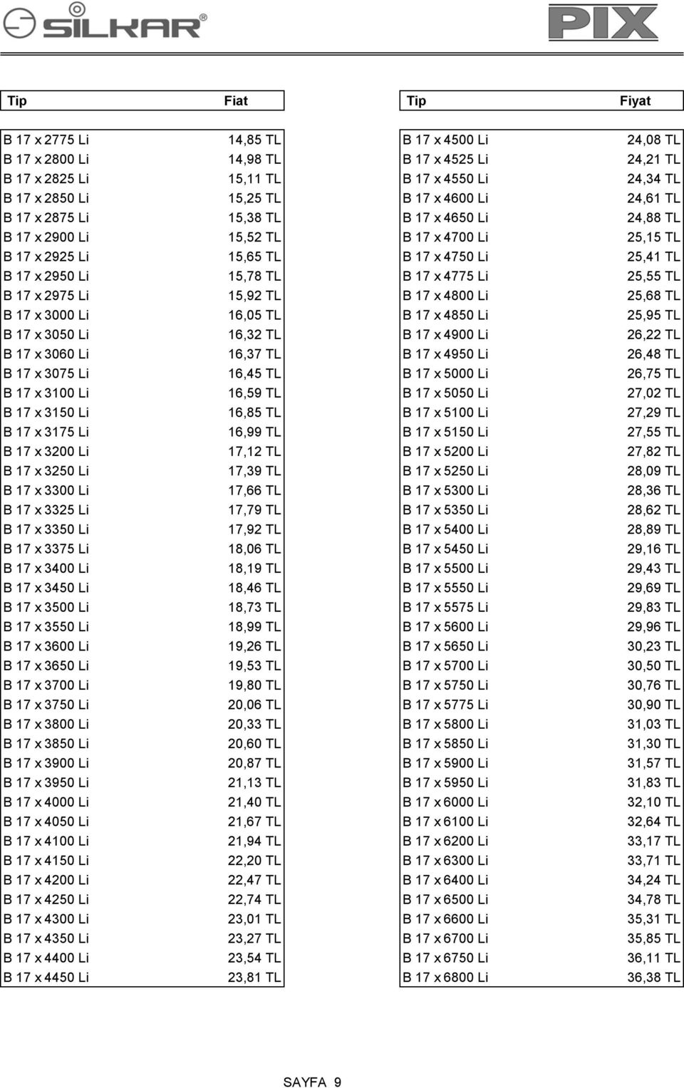 15,92 TL B 17 x 4800 Li 25,68 TL B 17 x 3000 Li 16,05 TL B 17 x 4850 Li 25,95 TL B 17 x 3050 Li 16,32 TL B 17 x 4900 Li 26,22 TL B 17 x 3060 Li 16,37 TL B 17 x 4950 Li 26,48 TL B 17 x 3075 Li 16,45