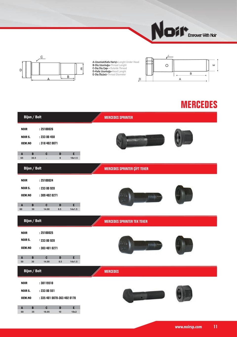 5 MERCEDES SPRINTER TEK TEKER 25100025 233 00 920 303 401 0271 50 30 14.00 8.5 14x1.