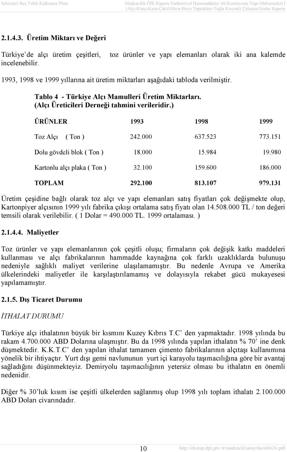 ) ÜRÜNLER 1993 1998 1999 Toz Alçı ( Ton ) 242.000 637.523 773.151 Dolu gövdeli blok ( Ton ) 18.000 15.984 19.980 Kartonlu alçı plaka ( Ton ) 32.100 159.600 186.000 TOPLAM 292.100 813.107 979.