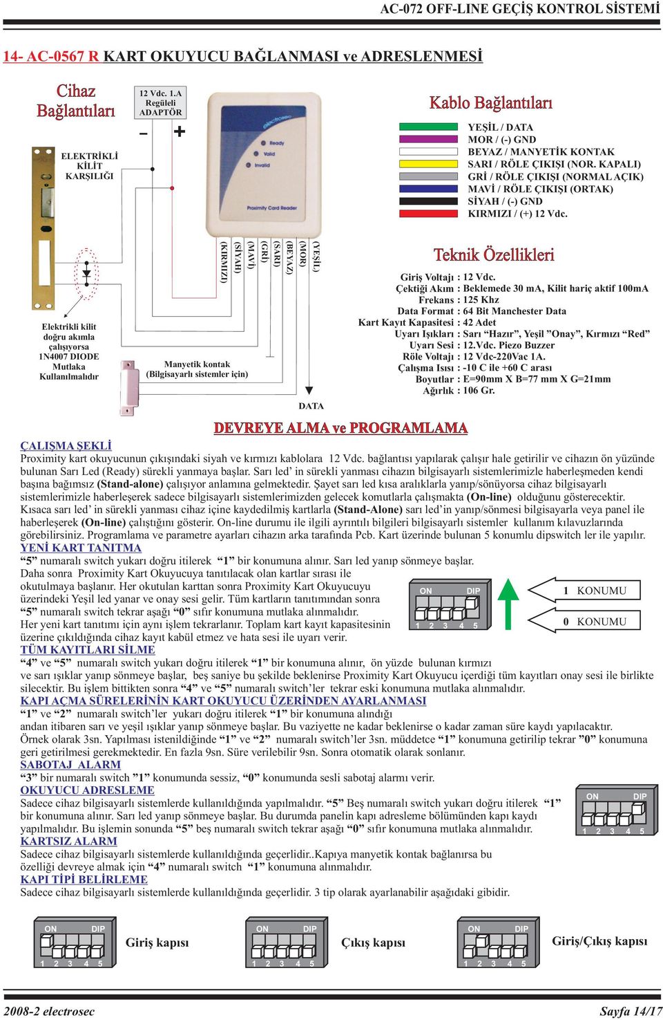 KAPALI) GRİ / RÖLE ÇIKIŞI (NORMAL AÇIK) MAVİ / RÖLE ÇIKIŞI (ORTAK) SİYAH / (-) GND KIRMIZI / (+) 12 Vdc.