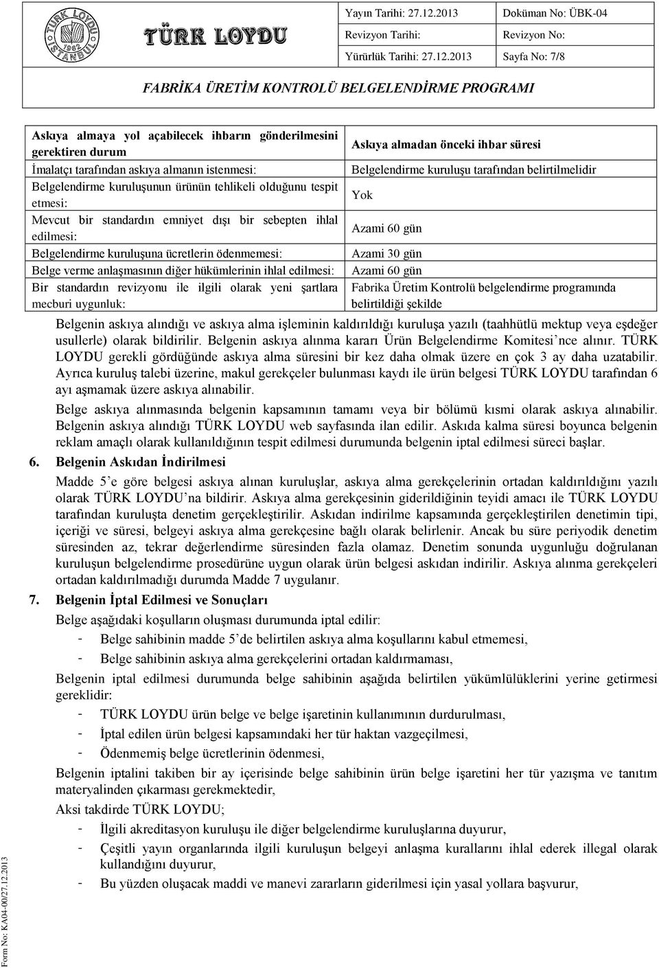 2013 Sayfa No: 7/8 Askıya almaya yol açabilecek ihbarın gönderilmesini gerektiren durum İmalatçı tarafından askıya almanın istenmesi: Belgelendirme kuruluşunun ürünün tehlikeli olduğunu tespit