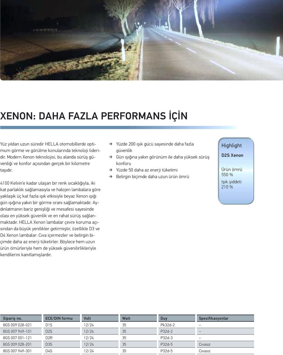 4100 Kelvin e kadar ulaşan bir renk sıcaklığıyla, iki kat parlaklık sağlamasıyla ve halojen lambalara göre yaklaşık üç kat fazla ışık etkisiyle beyaz Xenon ışığı gün ışığına yakın bir görme oranı