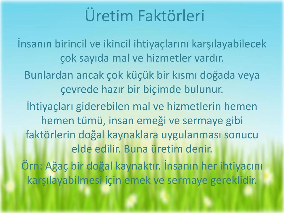 İhtiyaçları giderebilen mal ve hizmetlerin hemen hemen tümü, insan emeği ve sermaye gibi faktörlerin doğal