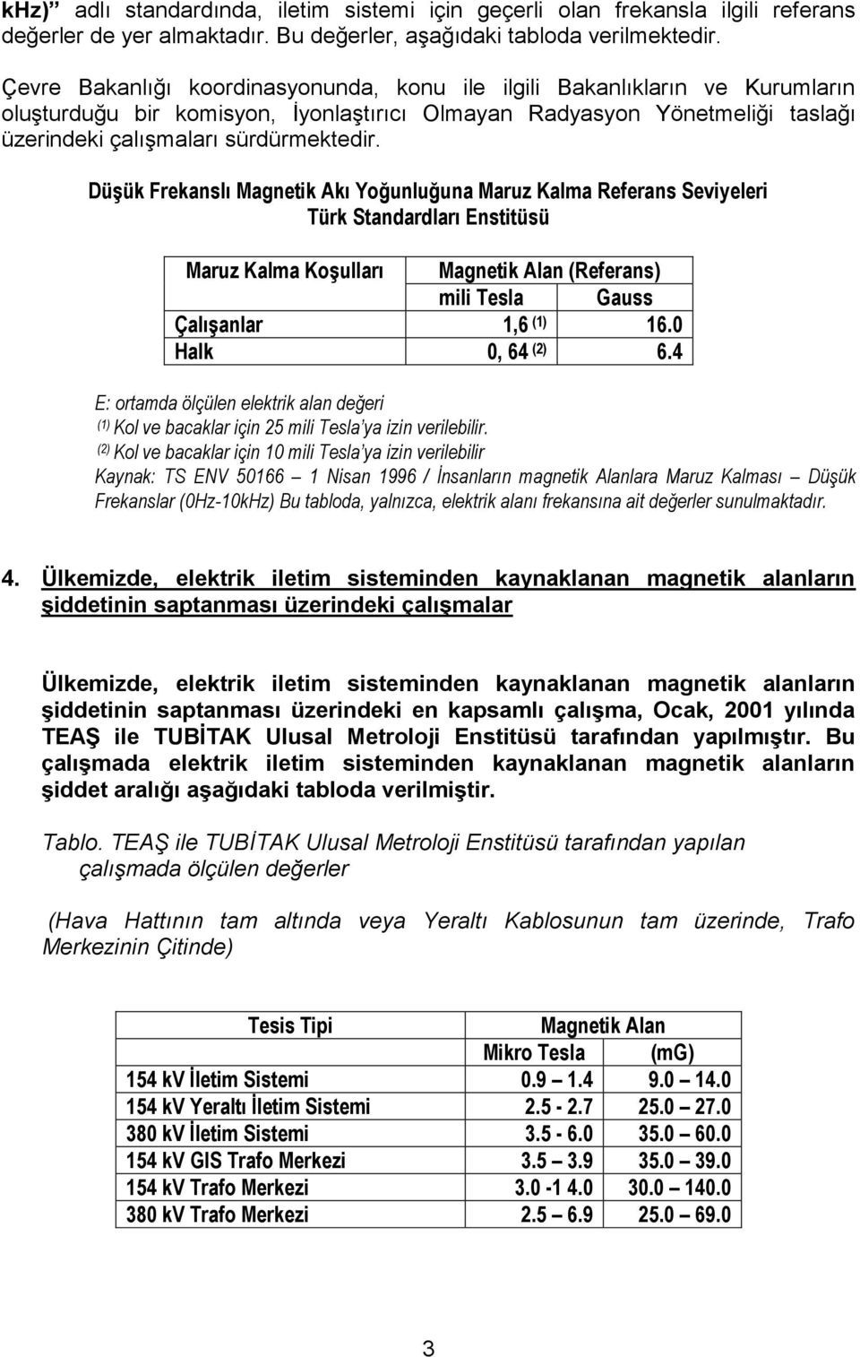 DüĢük Frekanslı Magnetik Akı Yoğunluğuna Maruz Kalma Referans Seviyeleri Türk Standardları Enstitüsü Maruz Kalma KoĢulları Magnetik Alan (Referans) mili Tesla Gauss ÇalıĢanlar 1,6 (1) 16.