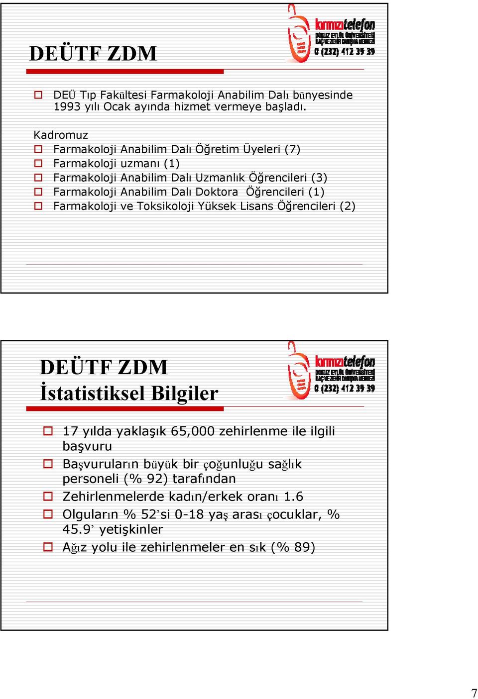 Doktora Öğrencileri (1) Farmakoloji ve Toksikoloji Yüksek Lisans Öğrencileri (2) DEÜTF ZDM İstatistiksel Bilgiler 17 yılda yaklaşık 65,000 zehirlenme ile ilgili