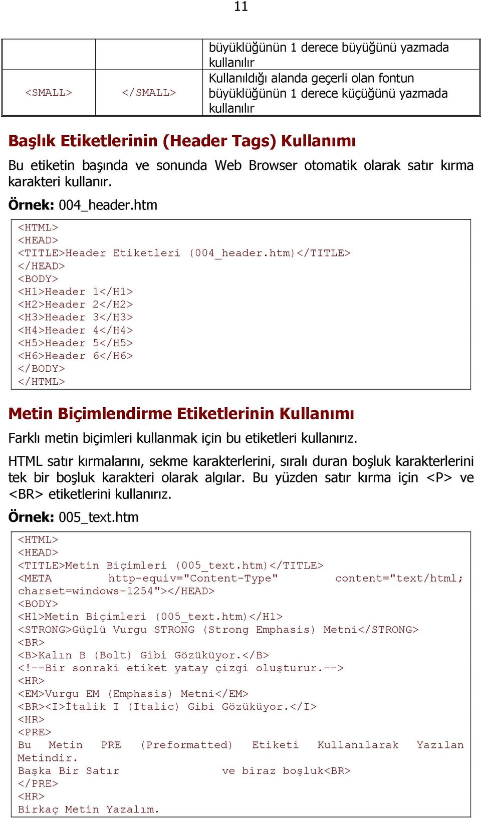 htm)</TITLE> <BODY> <H1>Header 1</H1> <H2>Header 2</H2> <H3>Header 3</H3> <H4>Header 4</H4> <H5>Header 5</H5> <H6>Header 6</H6> Metin Biçimlendirme Etiketlerinin Kullanımı Farklı metin biçimleri