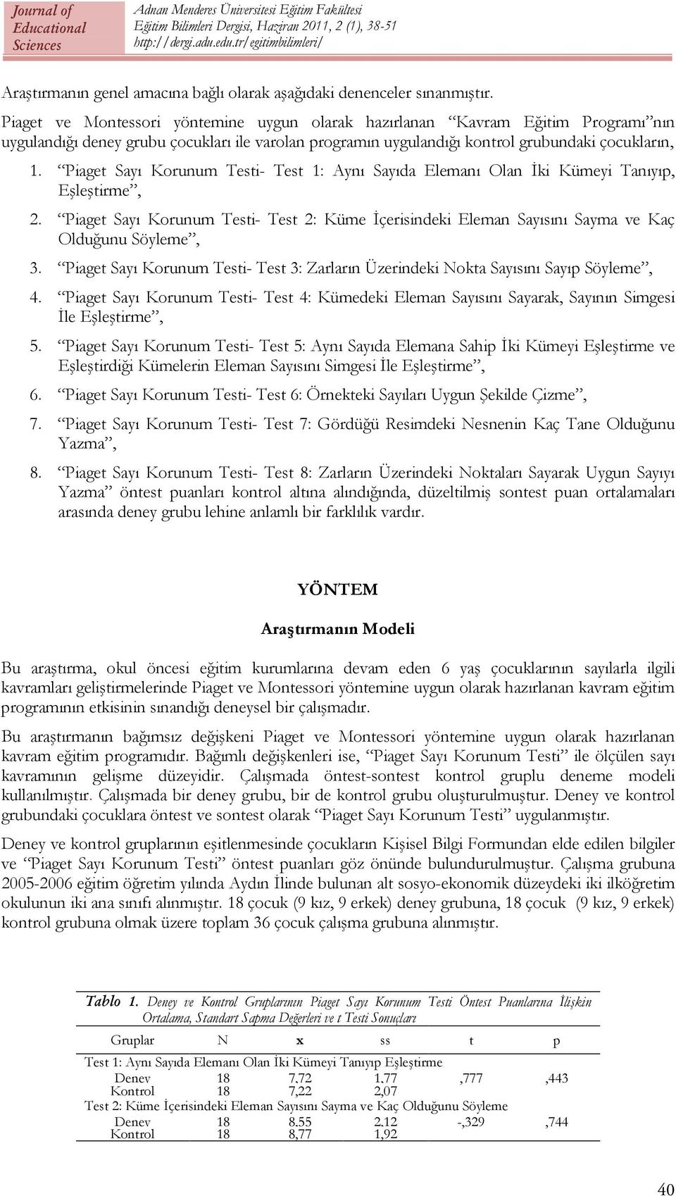 Piaget Sayı Korunum Testi- Test 1: Aynı Sayıda Elemanı Olan İki Kümeyi Tanıyıp, Eşleştirme, 2. Piaget Sayı Korunum Testi- Test 2: Küme İçerisindeki Eleman Sayısını Sayma ve Kaç Olduğunu Söyleme, 3.