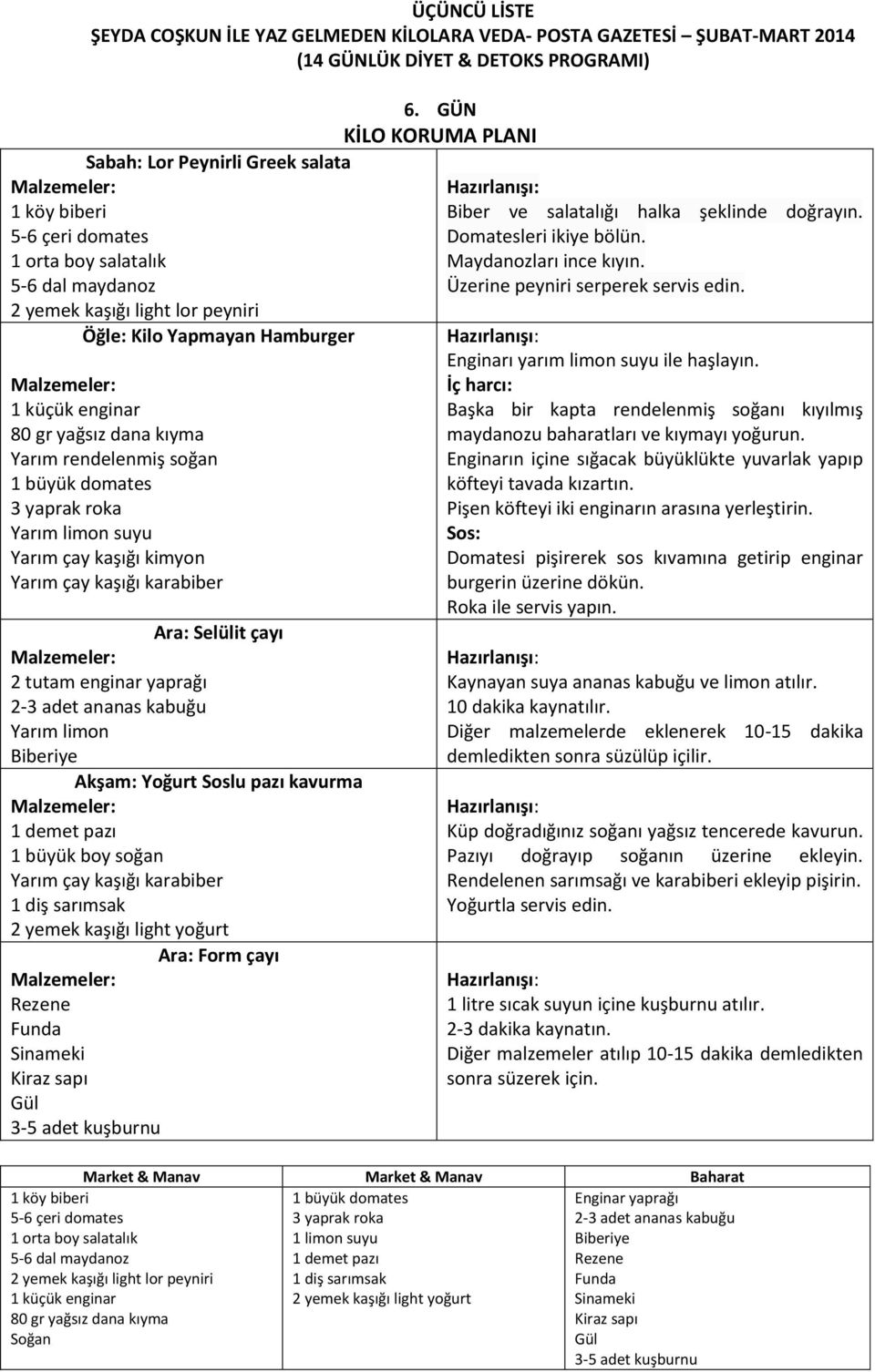 Biberiye Akşam: Yoğurt Soslu pazı kavurma 1 demet pazı 1 büyük boy soğan Yarım çay kaşığı karabiber 2 yemek kaşığı light yoğurt Ara: Form çayı Sinameki Kiraz sapı Gül 3-5 adet kuşburnu 5-6 çeri