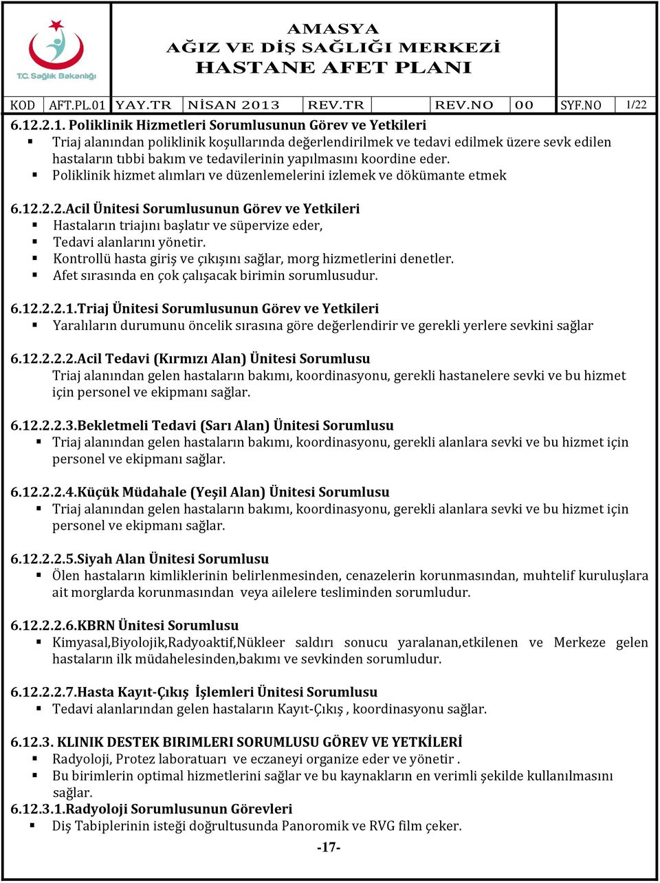 2.2.Acil Ünitesi Sorumlusunun Görev ve Yetkileri Hastaların triajını başlatır ve süpervize eder, Tedavi alanlarını yönetir. Kontrollü hasta giriş ve çıkışını sağlar, morg hizmetlerini denetler.